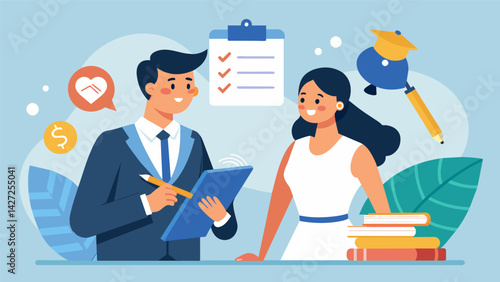 A pair of newlyweds making a list of their shortterm and longterm financial goals including paying off their student loans in a certain amount of. Vector illustration