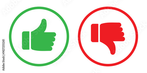 Thumb up and down outline icon isolated on white background. Like and dislike social media icon. Outline positive and negative buttons. Green Thump Up and Red Thump Down or Like and Dislike buttons. 