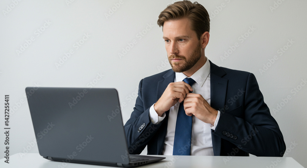 Man in suit adjusting tie in front of laptop preparing for a meeting or presentation online Man in suit adjusting tie in front of laptop preparing for a meeting or presentation online