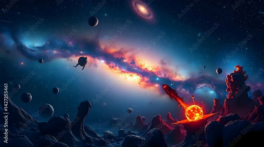 Fototapeta premium Epic Sci-Fi Cosmic Landscape with Galaxy and Planets