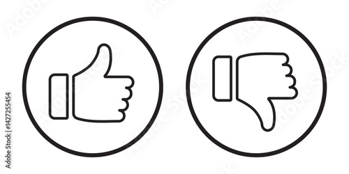 Thumb up and down outline icon isolated on white background. Like and dislike social network pictograms. Outline positive and negative buttons. Thump Up and Thump Down or Like and Dislike buttons.  