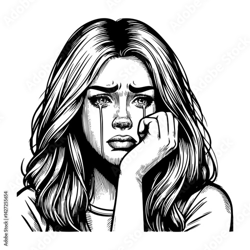 Woman crying sketch engraving black and white outline. Scratch board imitation.