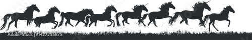 A dynamic silhouette of unicorns running in a row against a white background.