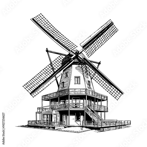 dutch windmill in farmland sketch engraving black and white outline. Scratch board imitation.
