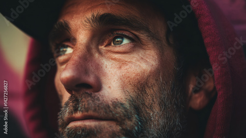 Close-Up of Bearded Man. Raw Expression and Natural Light.