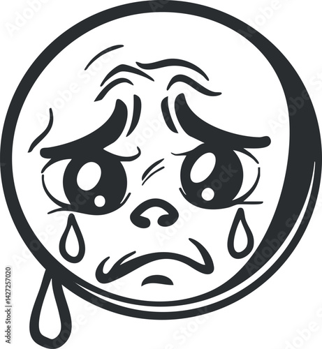 A stylized sad face illustration featuring tears and a distressed expression in black and white.