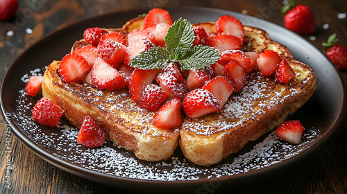 Delicious French Toast Topped with Fresh Strawberries and Mint
