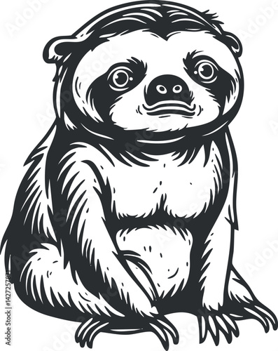 Illustration of a cute sloth sitting in a playful and endearing pose.