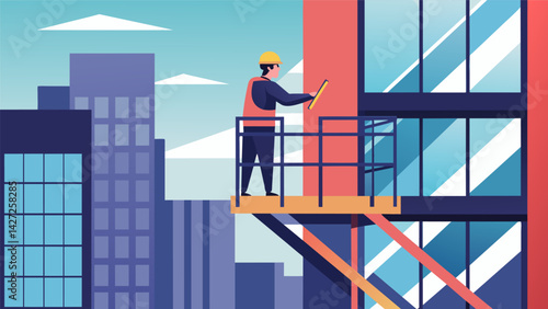 Standing on a lift the supervisor oversees the installation of windows on the exterior of a highrise building.. Vector illustration
