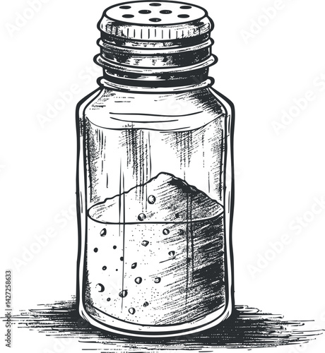 Illustration of a classic salt shaker with a glass body and metal lid.