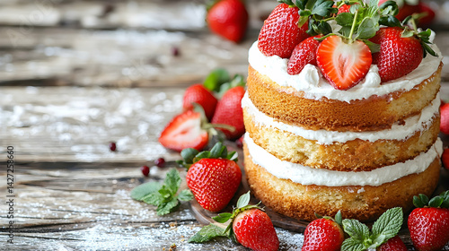 Fresh Strawberry Cake with Cream and Mint on Rustic Wooden Table
