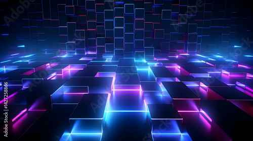 Illuminated geometric plane with pink and blue neon accents, abstract background