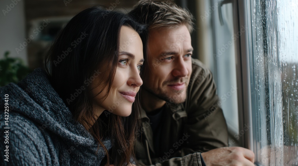 Obraz premium Young couple looking out a rain-streaked window, enjoying a moment together indoors, cozy and contemplative mood