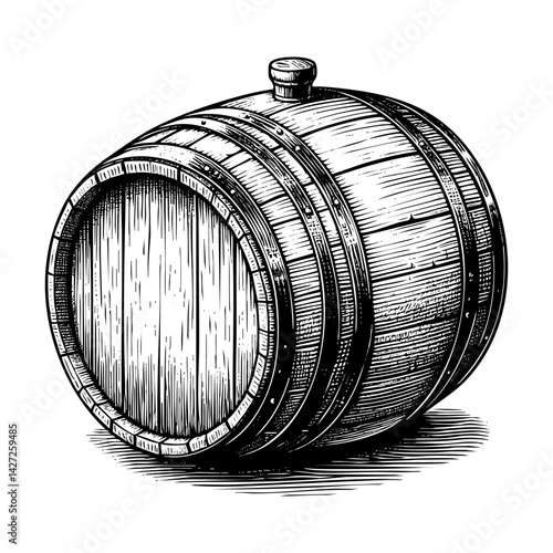 wooden barrel sketch engraving black and white outline. Scratch board imitation.