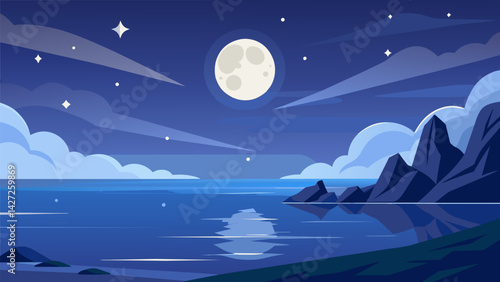 A serene moonlit night with the tranquil sea shimmering in the soft light and reflecting the stars above.. Vector illustration