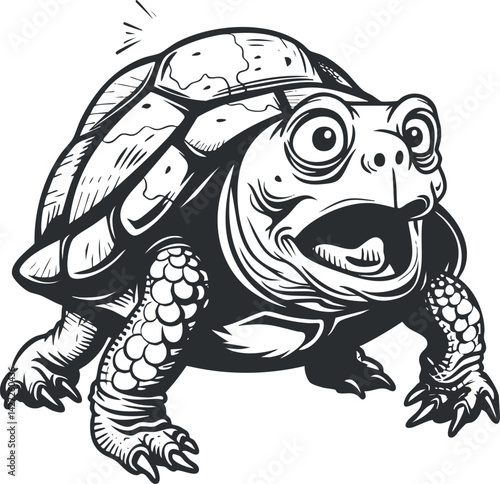 A playful cartoon turtle illustration with a humorous expression and detailed shell features.