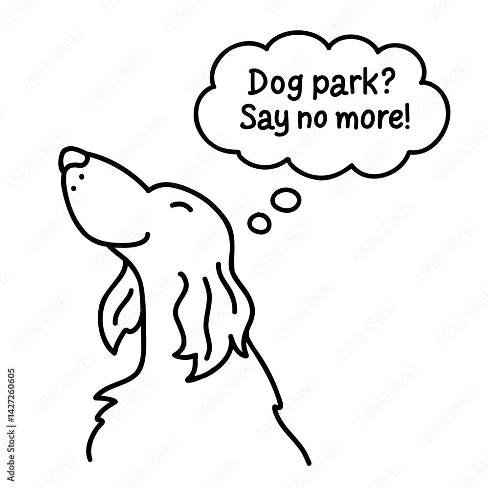 Obraz premium Excited dog with happy face and speech bubble. Vector doodle illustration with text. Hand drawn in a minimalistic, cartoonish line art style. Clipart for pet-themed designs, prints, and stickers