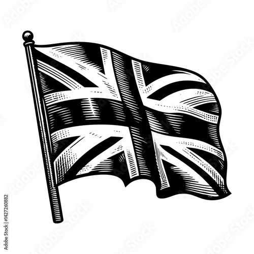 Union jack flag waving engraving sketch engraving black and white outline. Scratch board imitation.  illustrated in vintage line art style on a white background.
