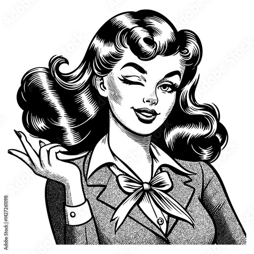 Retro girl wink sketch engraving black and white outline. Scratch board imitation. illustrated in vintage line art style on a white background.