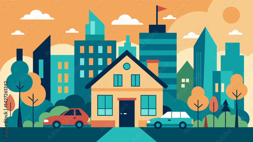 Obraz premium A peaceful home surrounded by the chaos of a busy city street.. Vector illustration