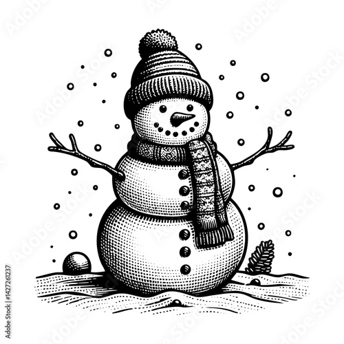 snowman engraving black and white outline. Scratch board imitation.