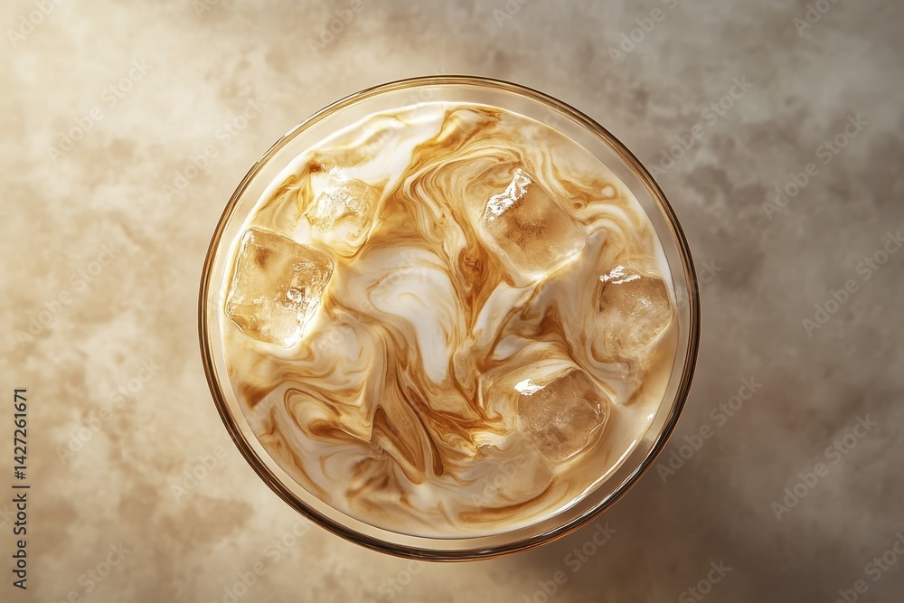 A refreshing iced coffee with swirls of cream and ice cubes, capturing the essence of a cozy beverage. A refreshing iced coffee with swirls of cream and ice cubes, capturing the essence of a cozy beverage.