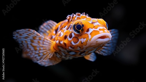 Close-up of vibrant orange and white fish with intricate patterns