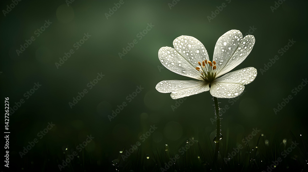 Delicate Flower with Dew Drops in Soft Green Background
