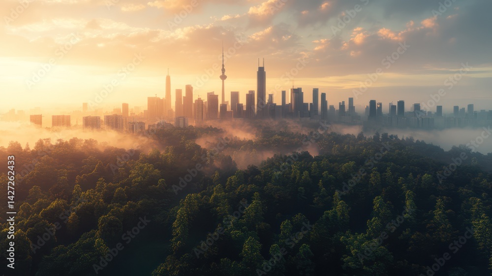 Naklejka premium Sunrise over a city shrouded in a misty forest. A panoramic view of a modern city skyline, rising above a lush green forest blanketed by a thick fog, illuminated by a golden sunrise