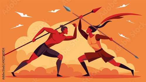 In a moment of fierce competition two athletic rivals throw their javelins nearly simultaneously creating a symphony of whizzing blades in the humid. Vector illustration