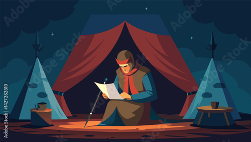 In a dimly lit tent a stoic leader prepares for battle writing down his final instructions and meditations for his troops.. Vector illustration