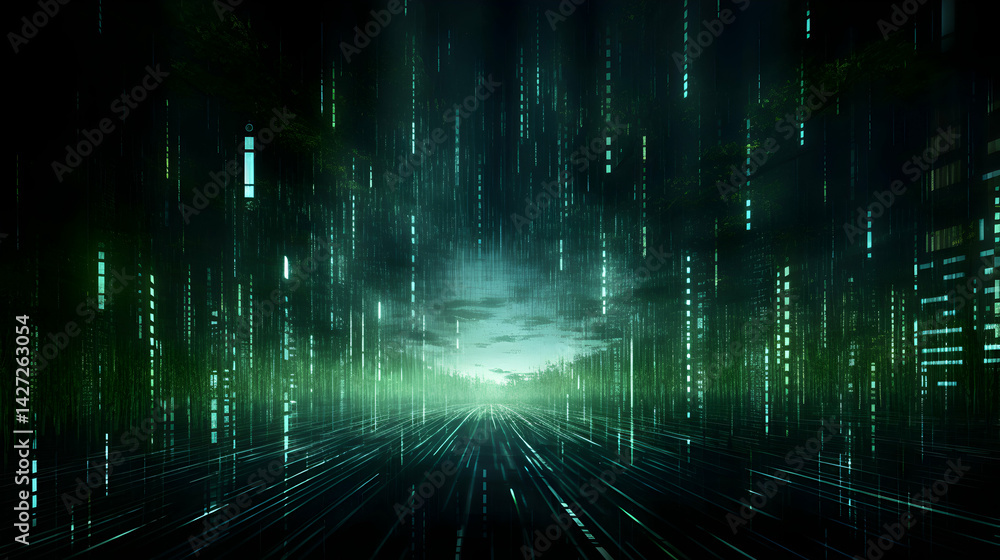 Abstract cybernetic landscape with digital rain and radiant horizon glow Abstract cybernetic landscape with digital rain and radiant horizon glow