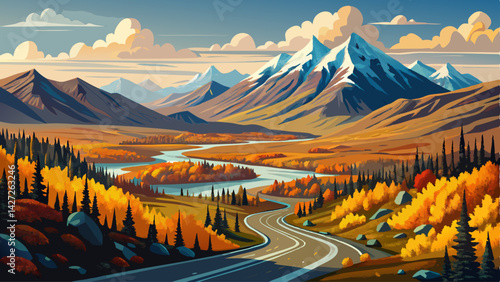 Very beautiful Denali highway winding through the alaskan tundra in autumn