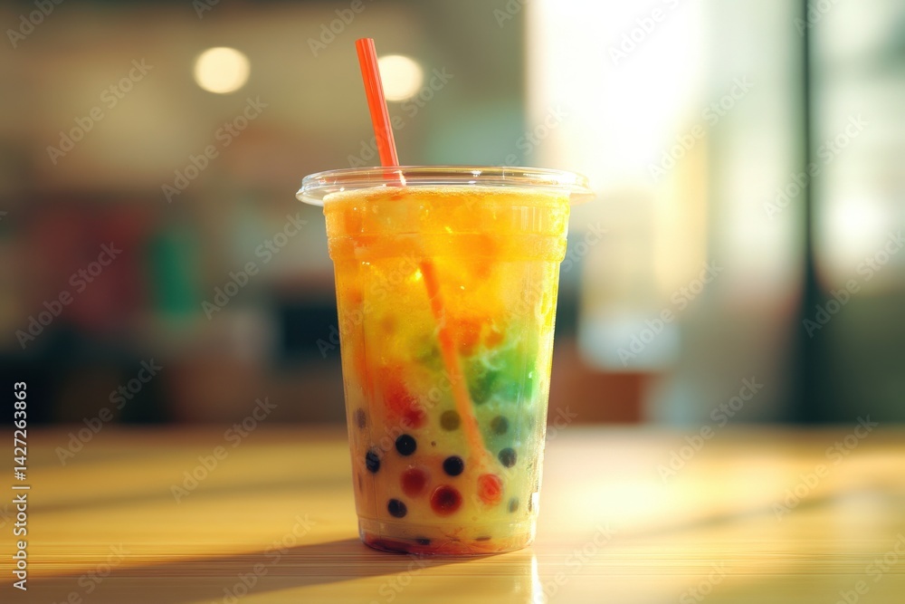 Colorful bubble tea with vibrant layers in a clear cup, perfect for a refreshing drink on a sunny day. Colorful bubble tea with vibrant layers in a clear cup, perfect for a refreshing drink on a sunny day.