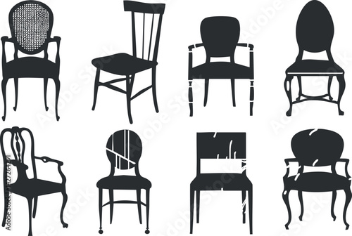A collection of various chair silhouettes showcasing diverse styles and designs for interior decor.