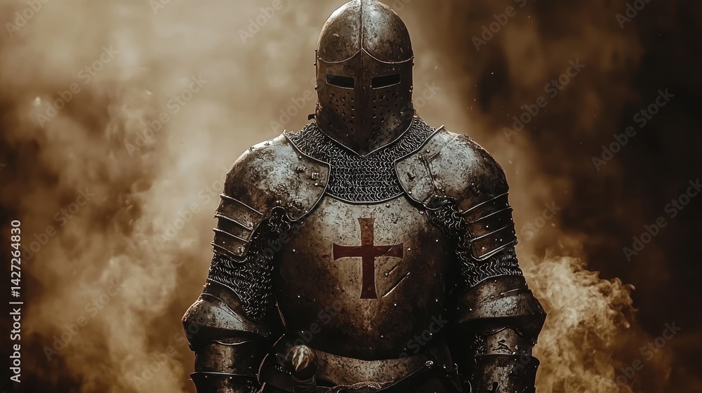 A medieval knight in full armor stands amidst a smoky, dark background. His expression is hidden by his helmet A medieval knight in full armor stands amidst a smoky, dark background. His expression is hidden by his helmet