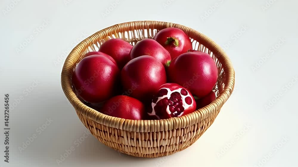 Red Pomegranates in Wicker Bowl White Background Seamless Loop Video Footage Red Pomegranates in Wicker Bowl White Background Seamless Loop Video Footage
