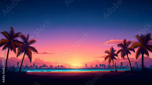 Pixelated City Sunset Beach Landscape