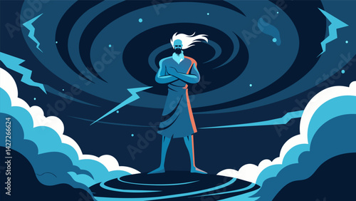 As the thunder rolls and lightning strikes the stoic figure stands stoically in the midst of a swirling storm.. Vector illustration
