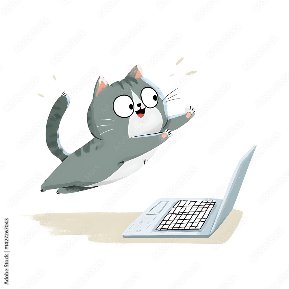 Obraz premium Cartoon cat jumping on keyboard during video call