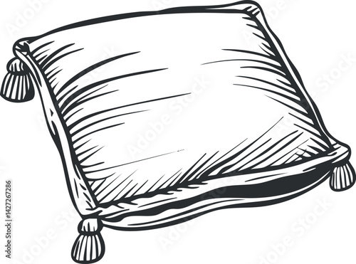 A hand-drawn illustration of a decorative pillow with tassels designed for home decor.