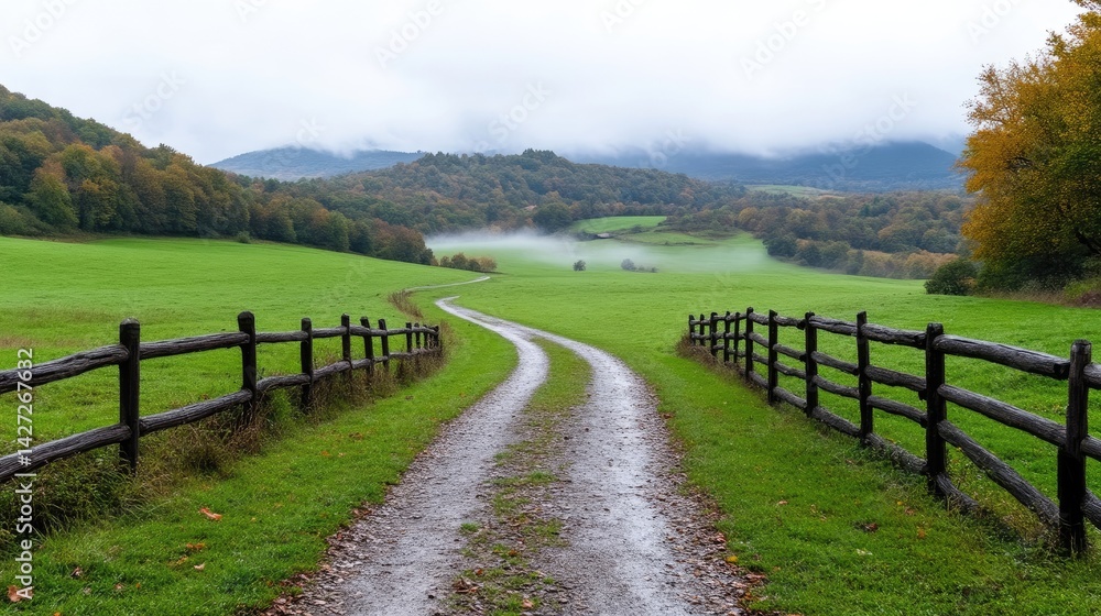A scenic country lane winds through a lush autumnal landscape, under a misty sky. Dark wooden fences line either side of the path, leading into a rolling hill A scenic country lane winds through a lush autumnal landscape, under a misty sky. Dark wooden fences line either side of the path, leading into a rolling hill