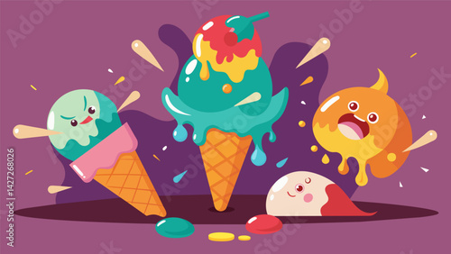 Melting cones and sticky fingers adding to the chaos of the ice cream eating challenge.. Vector illustration