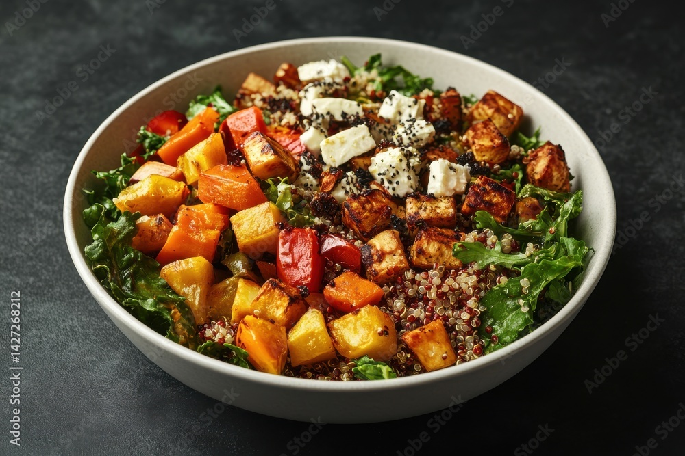 A vibrant vegetarian bowl featuring quinoa, roasted vegetables, and feta cheese, perfect for a healthy meal. A vibrant vegetarian bowl featuring quinoa, roasted vegetables, and feta cheese, perfect for a healthy meal.