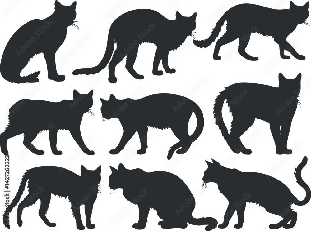 Obraz premium A collection of black cat silhouettes in various poses showcasing their playful and graceful nature.