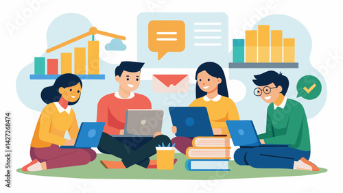 A group of students sit in a study group discussing the benefits of the student loan tax deduction and how it will help them in the future.. Vector illustration