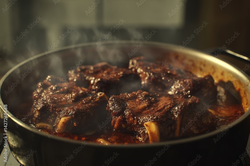 Deliciously cooked beef short ribs simmering in rich sauce, surrounded by steam and intense flavors. Deliciously cooked beef short ribs simmering in rich sauce, surrounded by steam and intense flavors.