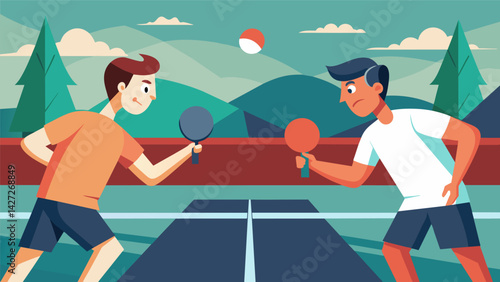 Nerves and anticipation fill the air as two players face off in a heated outdoor ping pong match each determined to outwit and outplay the other in. Vector illustration