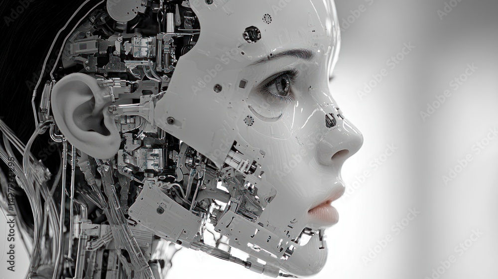 A robotic head, partially revealing intricate internal mechanisms, presents a realistic human-like face in profile A robotic head, partially revealing intricate internal mechanisms, presents a realistic human-like face in profile