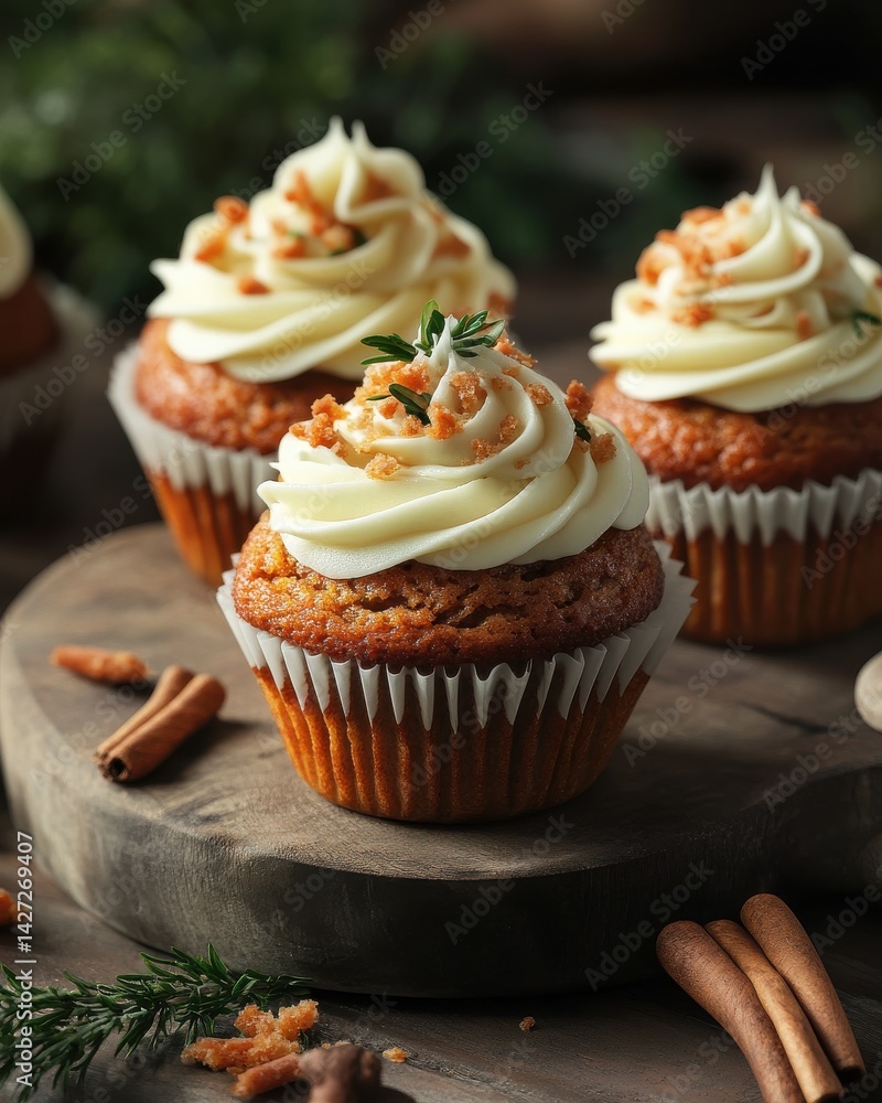 Delicious carrot cupcakes topped with cream cheese frosting and nuts, set on a rustic wooden table. Delicious carrot cupcakes topped with cream cheese frosting and nuts, set on a rustic wooden table.